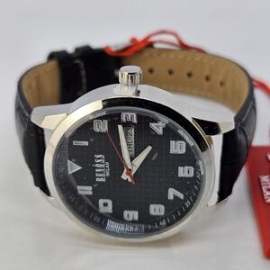 Benoss Milan 38MM Men's Watch Black Dial Day Date Indicator Black Leather Bands